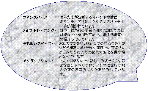 ~`o: t@Xy[X@@N悷Cxg⊈
{eBAANX}Xp[eB[JĂ܂
Wug[jOAwEAƑO̊wK⌤CɉĎPȂǂ֎Q\ŁA֌W@֓ւ̏ЉsĂ܂
ӂꂠXy[X Ƒ̕WAeƂĂ̑Ή̂Ȃǂ𑊌݂ɊwэAƒł̉񕜃vOȂǂɂHIŕω𑣂ƂȂĂ܂
A_eT lŔY܂ȂŁAbĂ݂܂񂩁BCyȂׂTƂĂƑml̂̕҂Ă܂B
